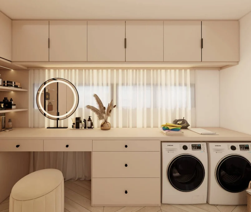 Multi-functional beige vanity and laundry counter with overhead cabinets, washing machine, and dryer —Project by Ray & Mist Design Sdn. Bhd.
