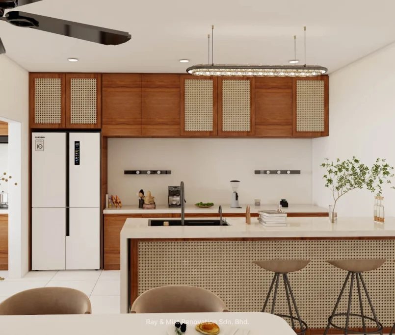 Modern kitchen with rattan-panel cabinets, white countertops, and a central island with bar stools — Project by Ray & Mist Renovation Sdn. Bhd.