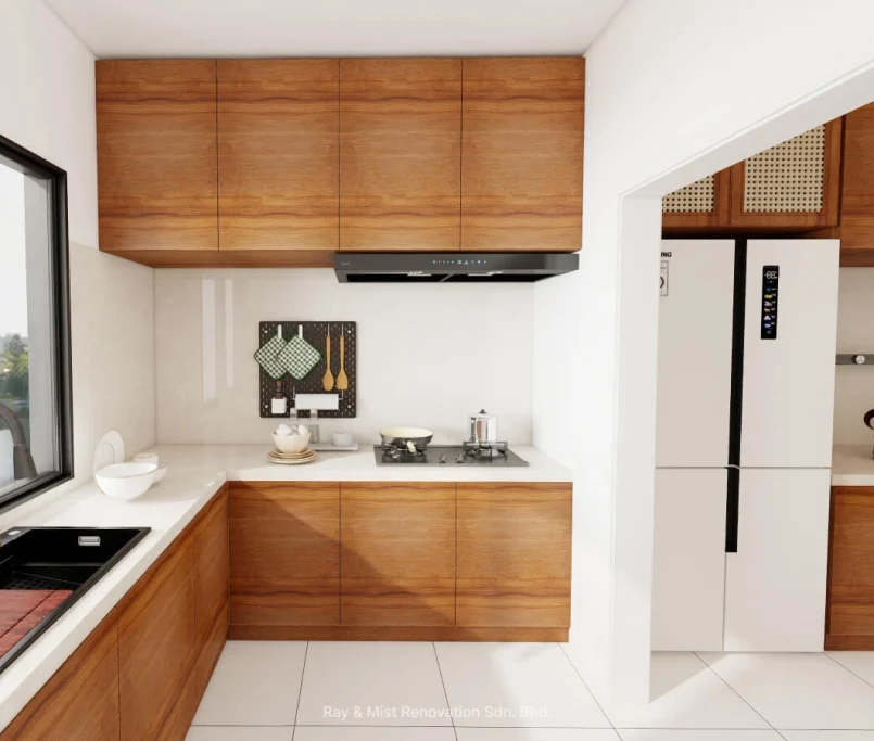 Bright modern kitchen with wood cabinets, black sink, and built-in stove — Project by Ray & Mist Renovation Sdn. Bhd.