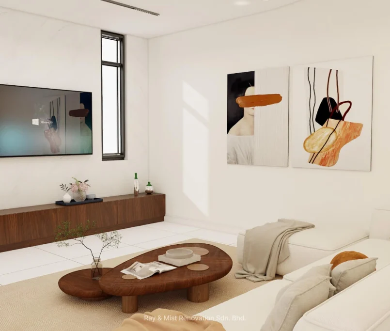 Modern minimalist living room with white sofa, wood coffee table, and wall-mounted TV — Project by Ray & Mist Renovation Sdn. Bhd.