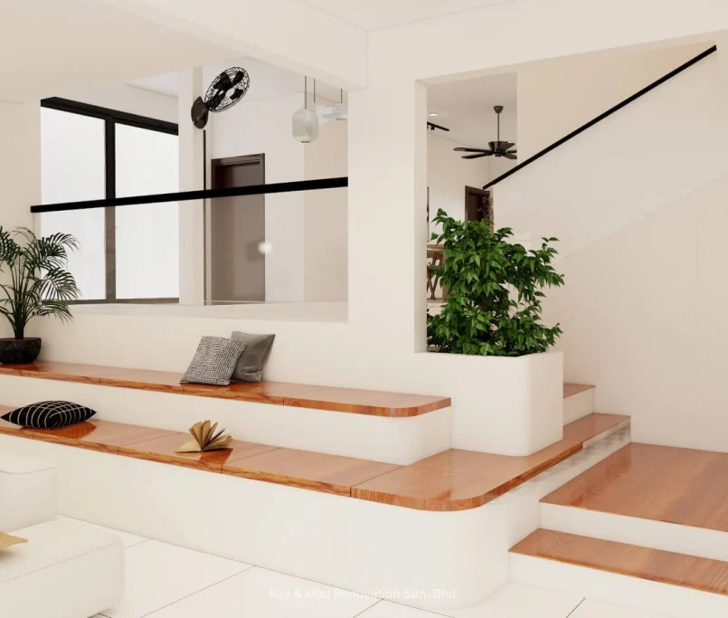 Tiered timber seating area with modern indoor plants and white walls — Project by Ray & Mist Renovation Sdn. Bhd.
