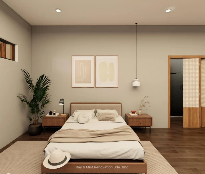 Modern bedroom with minimalist decor and warm wood furnishings — Project by Ray & Mist Renovation Sdn. Bhd.