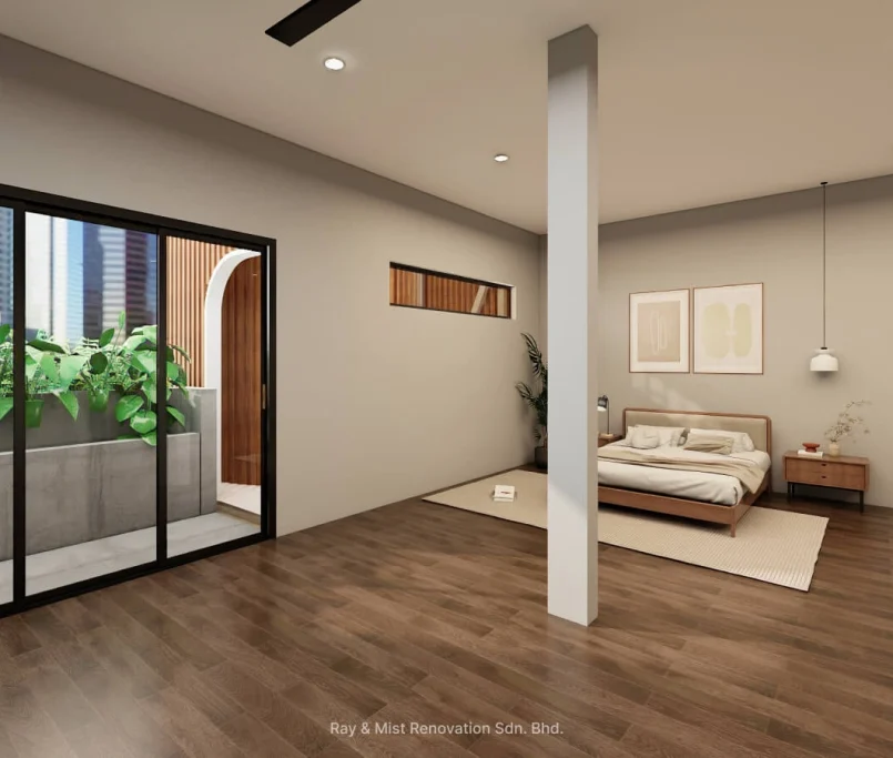 Modern master bedroom with balcony access and full-height sliding glass doors — Project by Ray & Mist Renovation Sdn. Bhd.