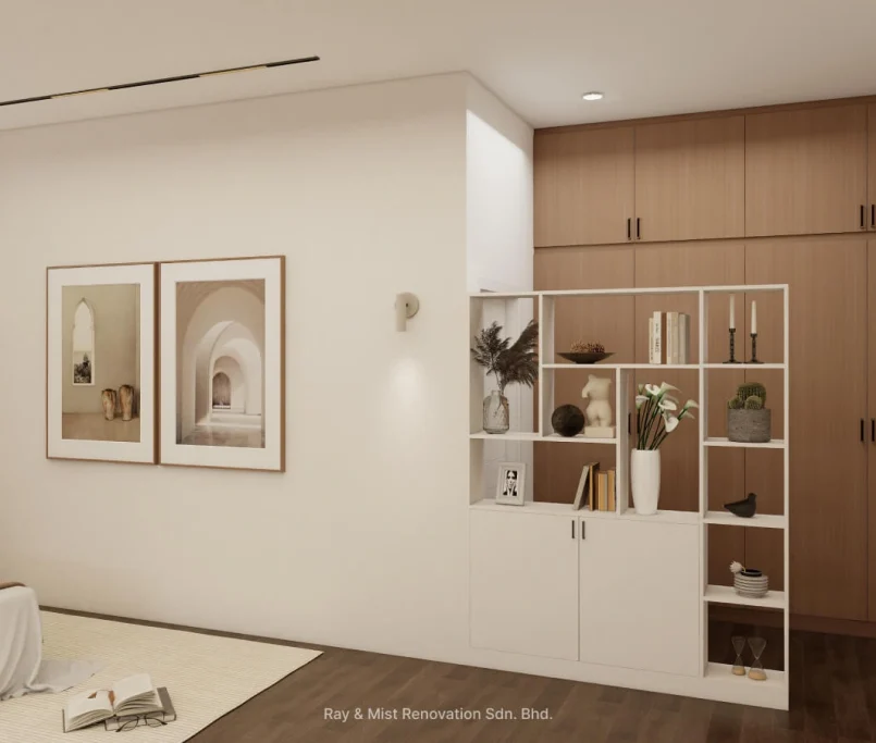 Minimalist bedroom corner with built-in cabinets and open display shelf — Project by Ray & Mist Renovation Sdn. Bhd.