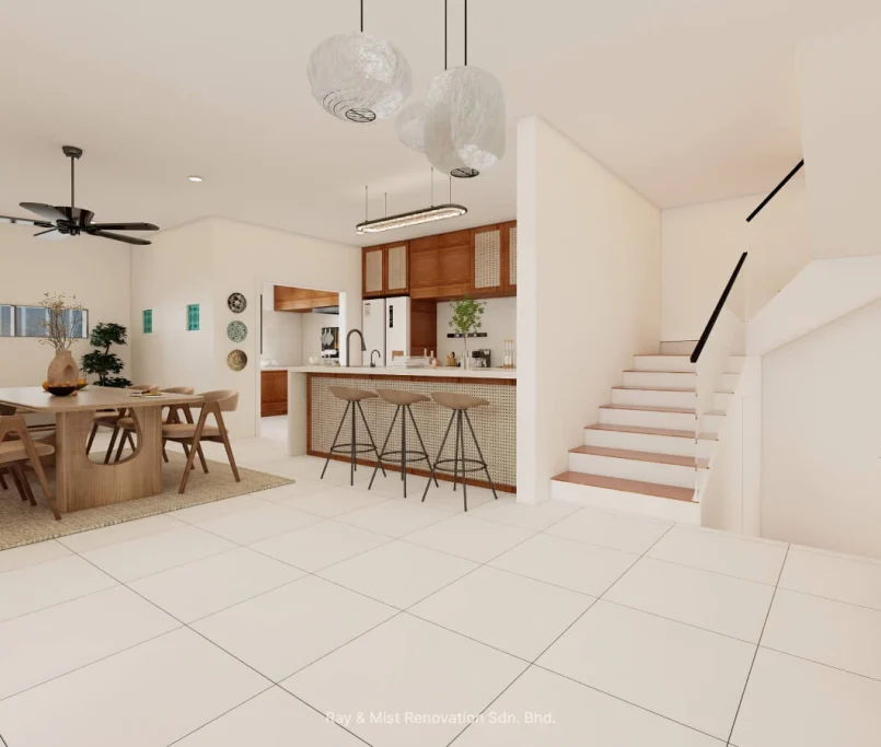 Modern open-plan kitchen and dining area with island counter and staircase — Project by Ray & Mist Renovation Sdn. Bhd.