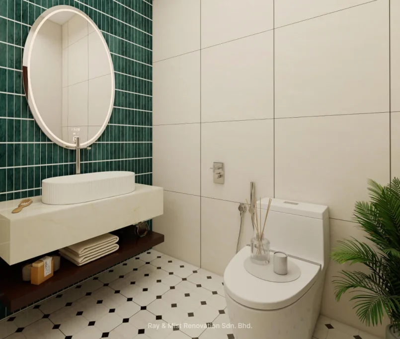 Contemporary bathroom with green tiled feature wall, floating vanity, and indoor plant — Project by Ray & Mist Renovation Sdn. Bhd.