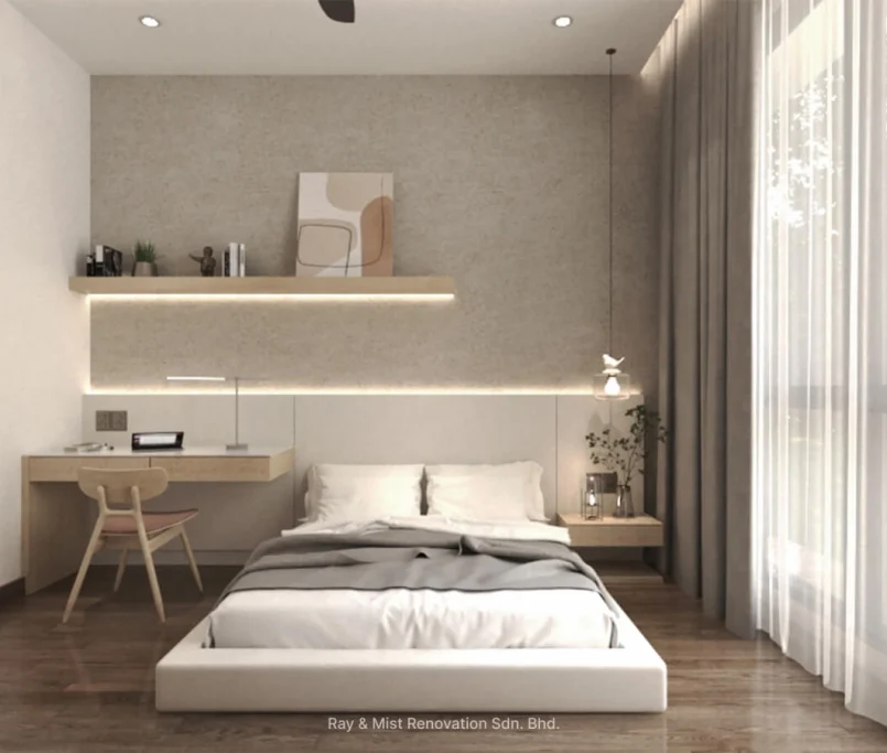 Minimalist bedroom with study desk, soft lighting, and floor-to-ceiling curtains — — Project by Ray & Mist Renovation Sdn. Bhd.