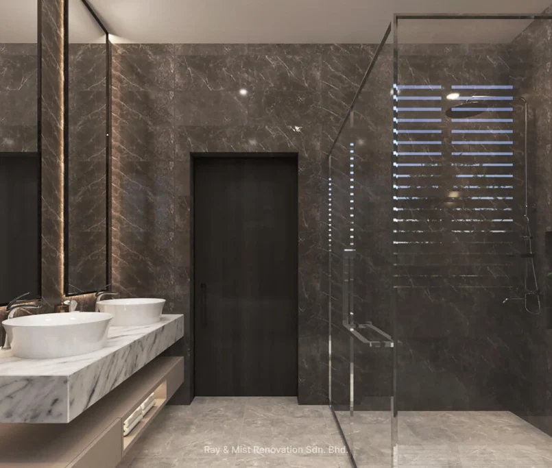 Open-concept living area with a brown leather sofa, glass wine bar, marble flooring — Project by Ray & Mist Renovation Sdn. Bhd.