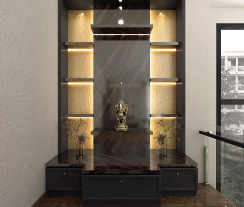 Contemporary home prayer altar with dark marble finish, built-in lighting, and Ganesha statue centerpiece — Project by Ray & Mist Renovation Sdn. Bhd.