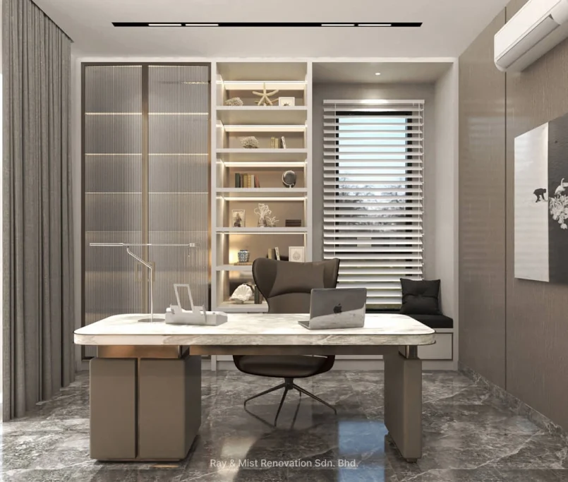 Modern home office with marble flooring, built-in shelving, and a large executive desk — Project by Ray & Mist Renovation Sdn. Bhd.