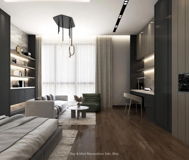 Contemporary bedroom suite with built-in study, open shelving, and natural lighting — Project by Ray & Mist Renovation Sdn. Bhd.