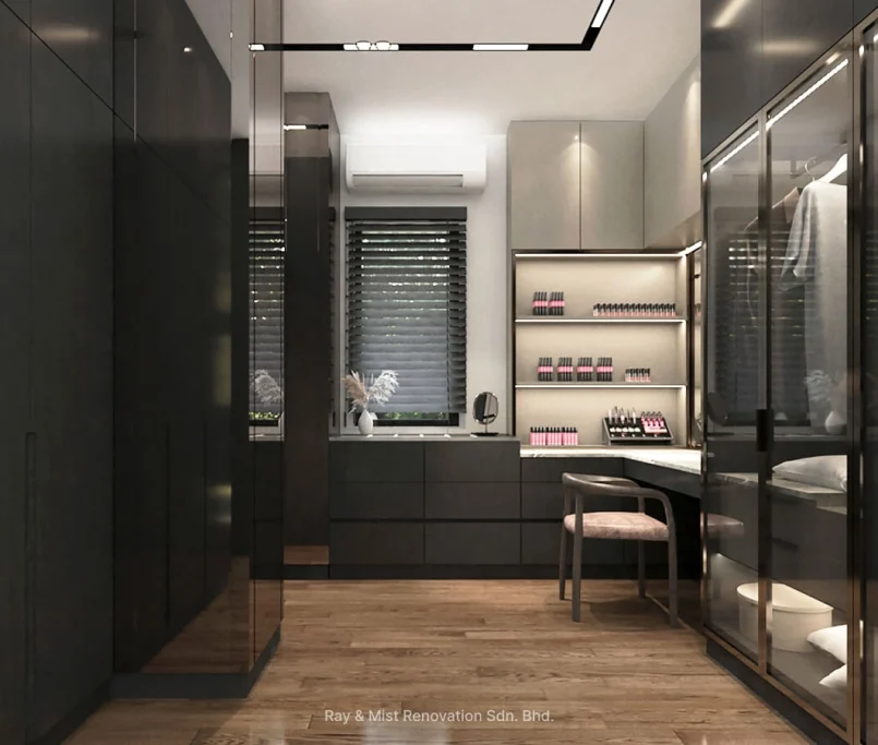 Modern walk-in wardrobe with vanity area and glass display closets — Project by Ray & Mist Renovation Sdn. Bhd.