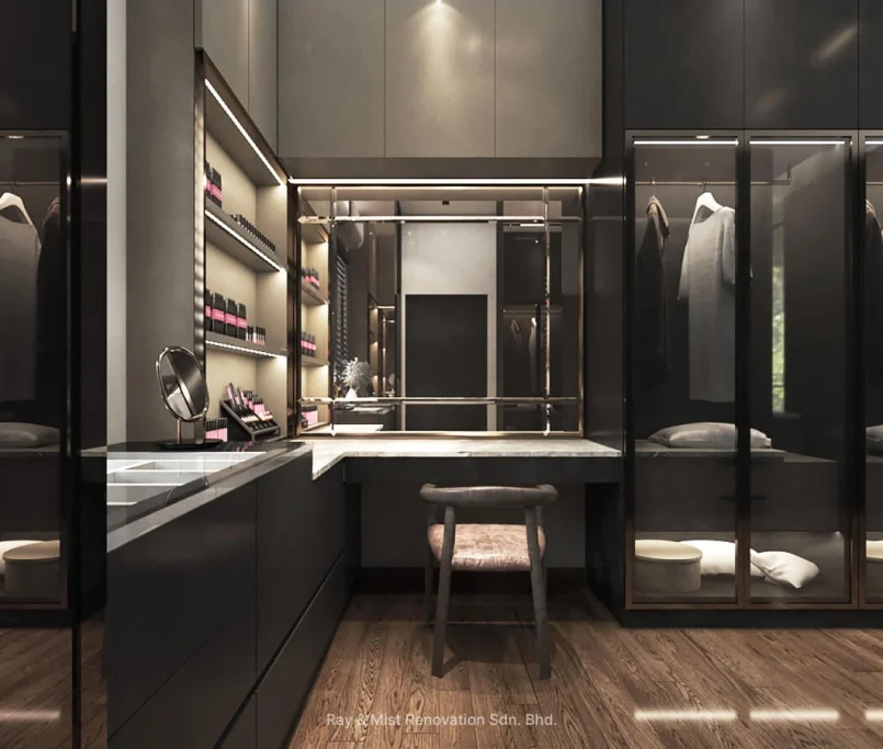 Luxury walk-in wardrobe with built-in vanity and glass wardrobe doors — Project by Ray & Mist Renovation Sdn. Bhd.