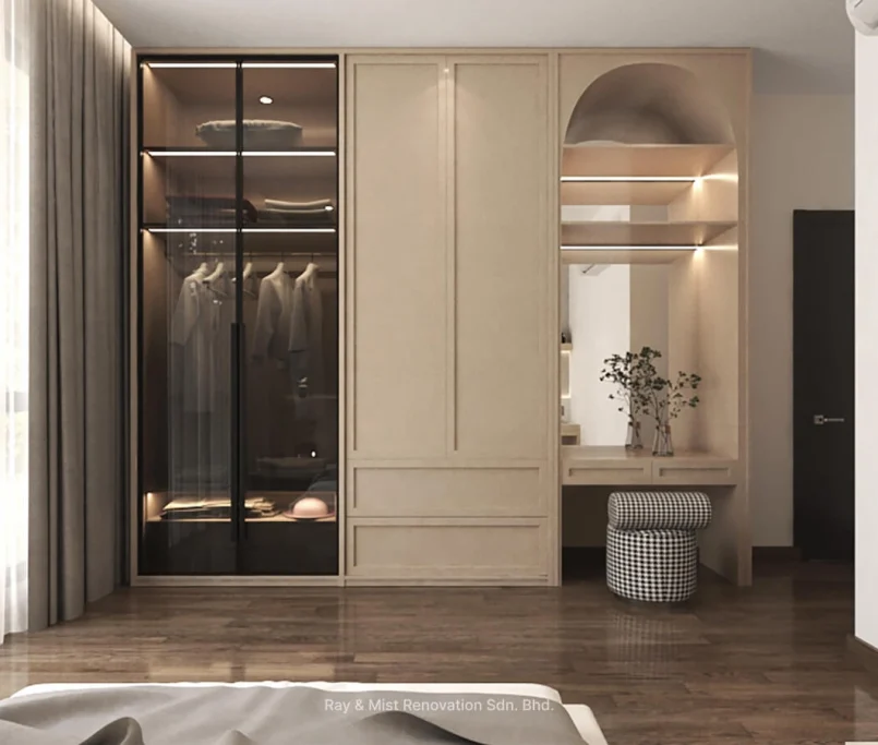 Built-in wardrobe and vanity with arch niche, soft lighting, and wooden flooring — — Project by Ray & Mist Renovation Sdn. Bhd.