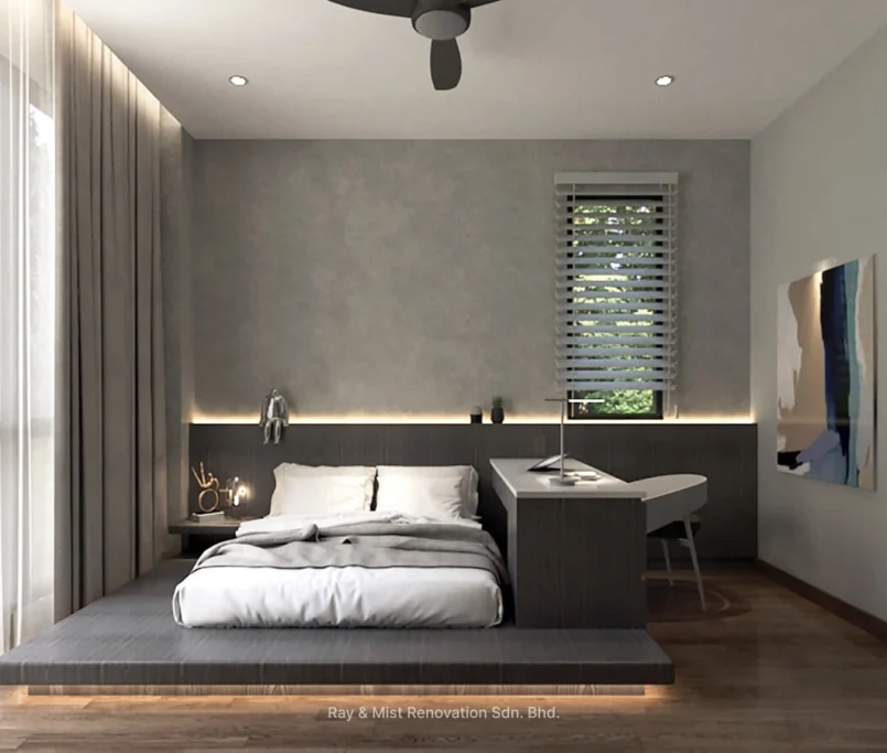 Modern bedroom with platform bed, integrated study desk, and warm ambient lighting — Project by Ray & Mist Renovation Sdn. Bhd.