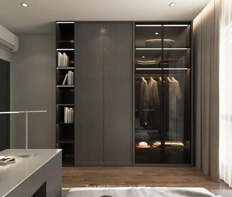 Modern built-in wardrobe with open shelving and glass doors in a contemporary bedroom — Project by Ray & Mist Renovation Sdn. Bhd.