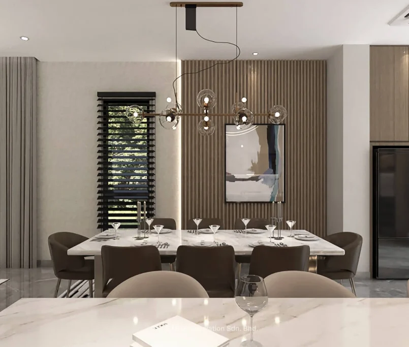 Elegant modern dining area with marble table, pendant light fixture, and warm wood textures — Project by Ray & Mist Renovation Sdn. Bhd.