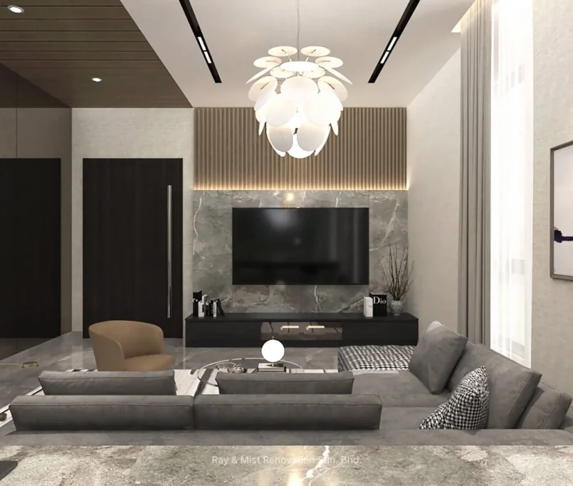 Contemporary living room with a grey sectional sofa, marble flooring, feature TV wall, and modern chandelier — Project by Ray & Mist Renovation Sdn. Bhd.