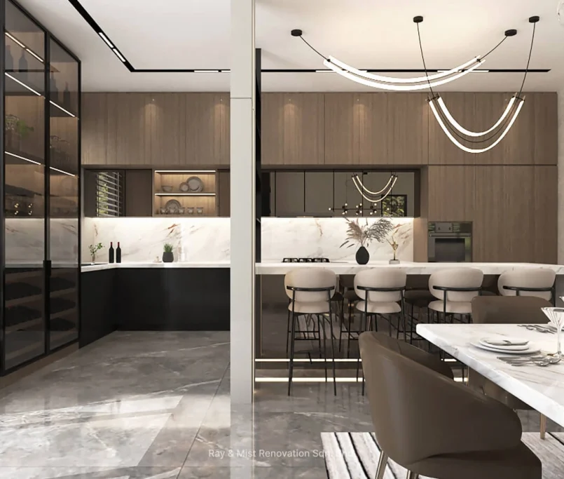 Modern open-concept kitchen and dining area with marble countertops, wood cabinetry, and designer lighting — Project by Ray & Mist Renovation Sdn. Bhd.