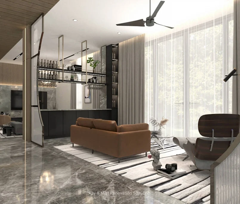 Modern open-concept living room with marble flooring, tan leather sofa, built-in bar, and floor-to-ceiling windows — Project by Ray & Mist Renovation Sdn. Bhd.
