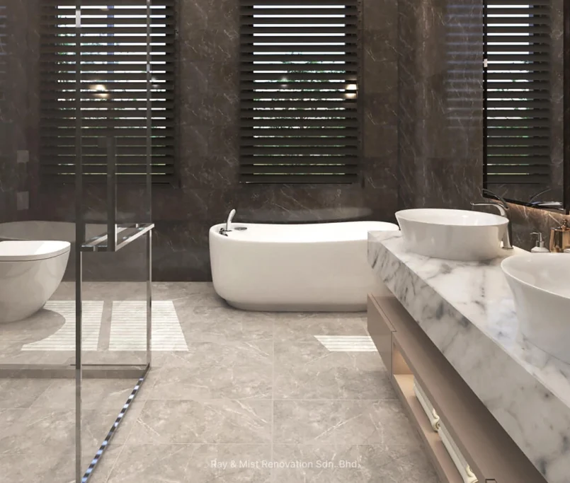 Modern open-concept living area with a brown leather sofa, glass wine bar, marble flooring, and floor-to-ceiling sheer curtains — Project by Ray & Mist Renovation Sdn. Bhd.