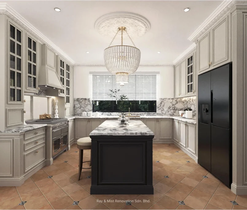 Elegant European-style kitchen with marble island, chandelier, and cream cabinetry.