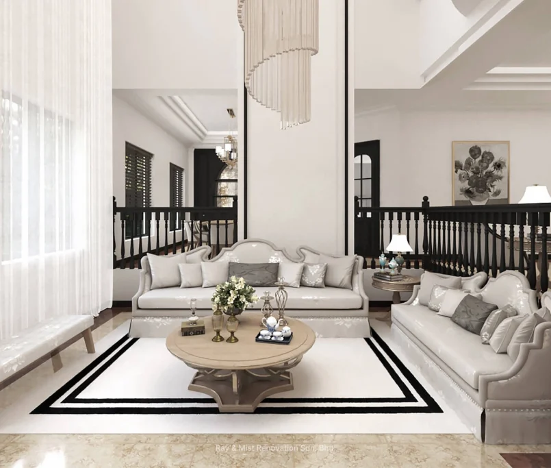 Classical living room with elegant cream sofas, round coffee table, and tall chandelier.