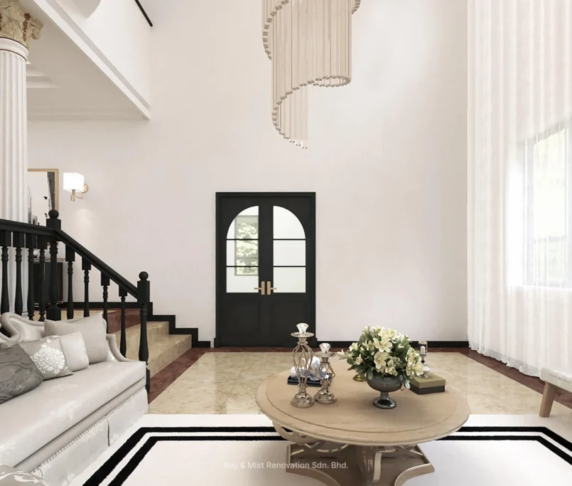 Bright foyer with black double doors, staircase, and neutral-toned seating.