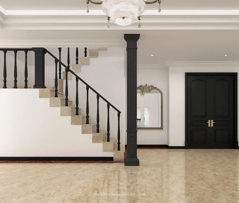 Elegant staircase with black railings and marble steps beside black double doors and a gold-framed mirror.