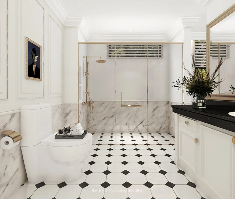 Luxurious white and gold-themed bathroom with black vanity, glass shower enclosure, marble wall accents, and geometric floor tiles —Project by Ray & Mist Renovation Sdn. Bhd.