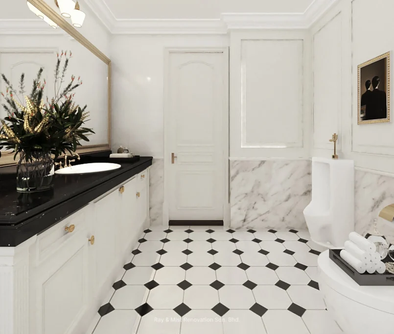 Elegant white bathroom with black countertop, classic panelled walls, marble accents, urinal, and octagon-tile flooring —Project by Ray & Mist Renovation Sdn. Bhd.