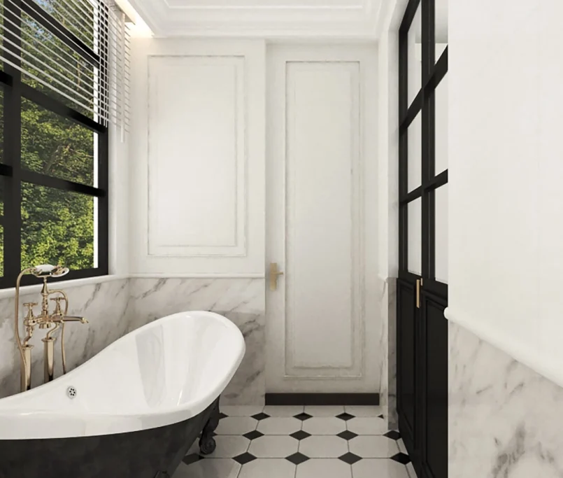 Classic-style bathroom with a black clawfoot bathtub, black-and-white floor tiles, marble wall panels, and gold fittings — Project by Ray & Mist Renovation Sdn. Bhd.