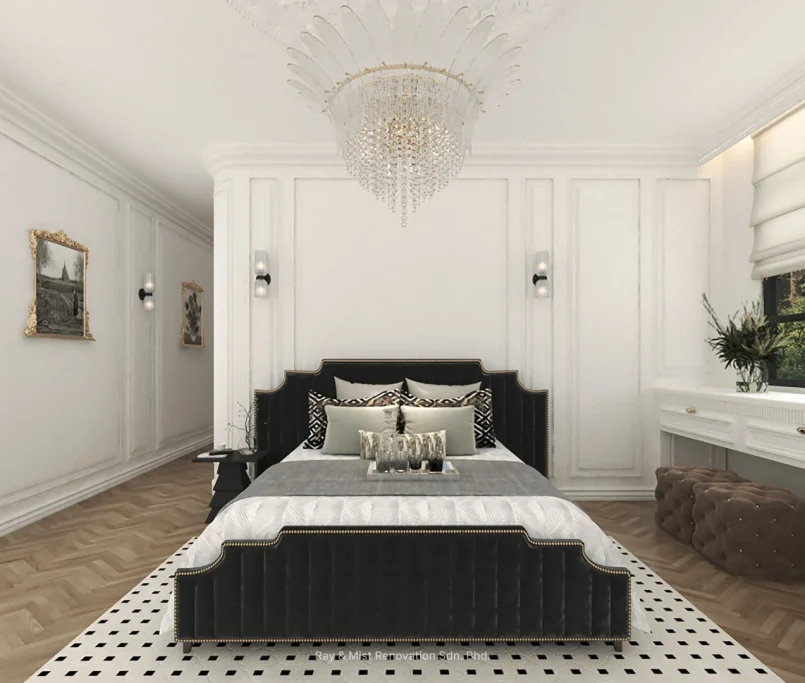 Luxurious bedroom with a black velvet bed frame, chandelier, classic white wall panelling, and parquet flooring — Project by Ray & Mist Renovation Sdn. Bhd.