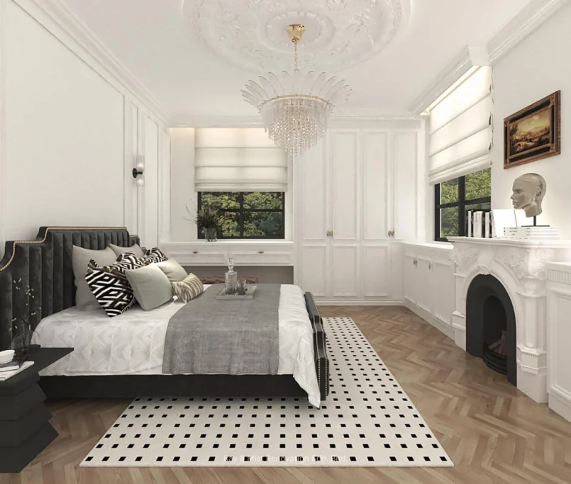 Classical bedroom with a black upholstered bed, white moulded fireplace, crystal chandelier, and herringbone wood flooring — Project by Ray & Mist Renovation Sdn. Bhd.