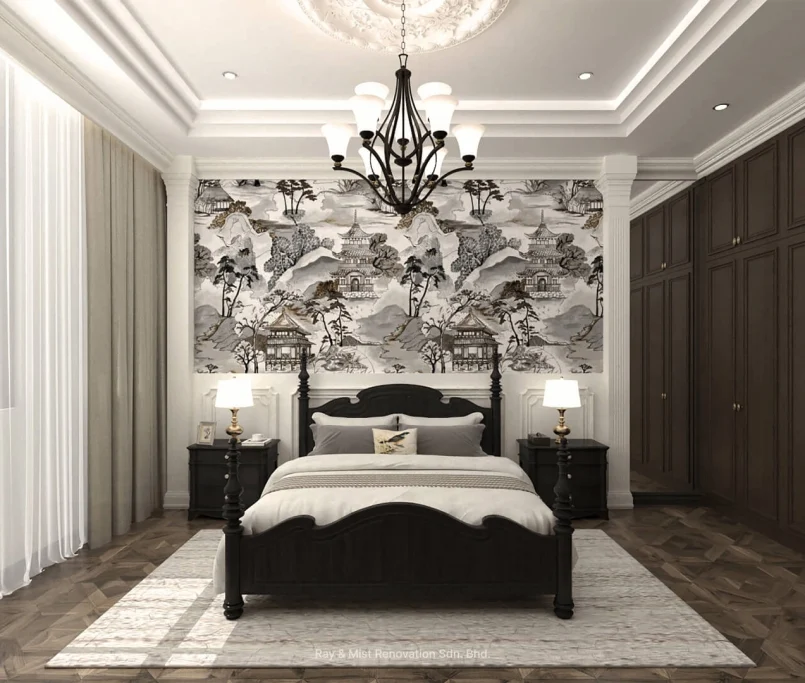 Classic bedroom with dark wood furniture, oriental mural, and coffered ceiling.