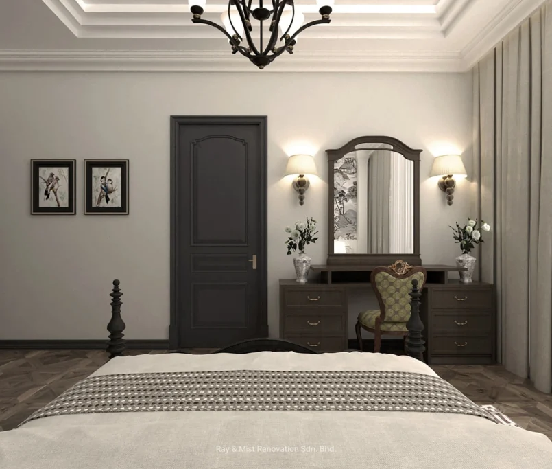 Classic bedroom vanity with wooden dressing table, ornate mirror, and vintage-style chair.