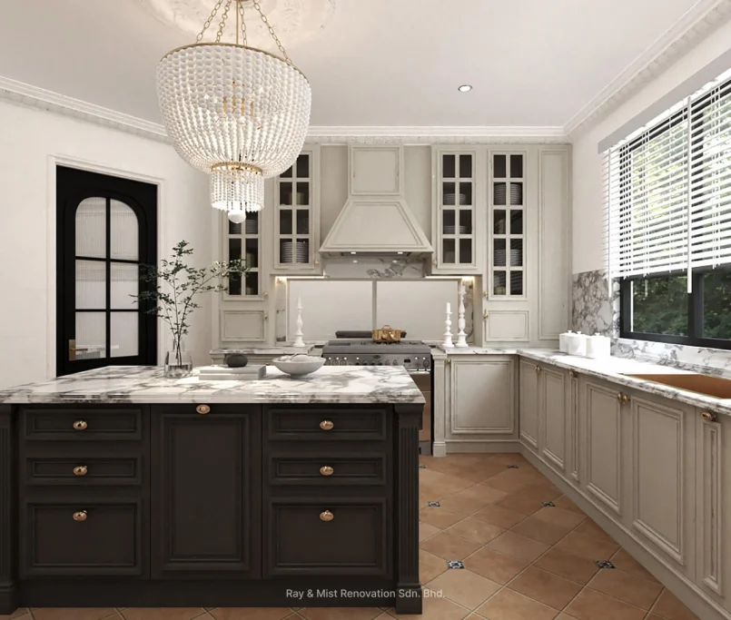 Classic-style kitchen with marble countertops, chandelier, and large central island.