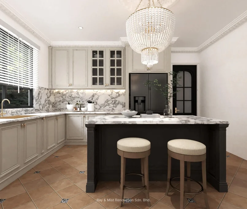 Luxurious kitchen with marble surfaces, black island, and double chandelier lighting.