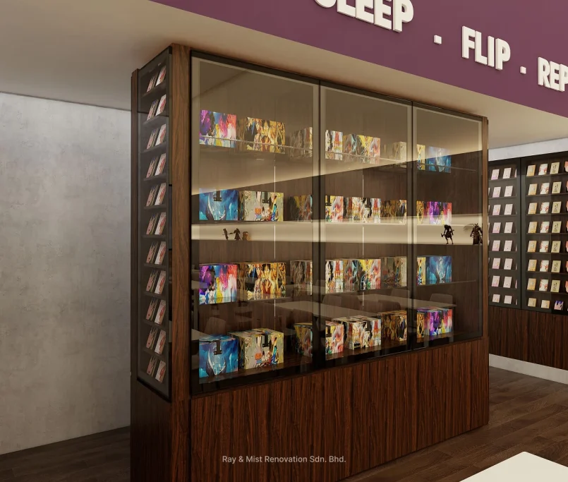 Modern manga and comic display shelf with glass panels and vibrant covers —Project by Ray & Mist Renovation Sdn. Bhd.