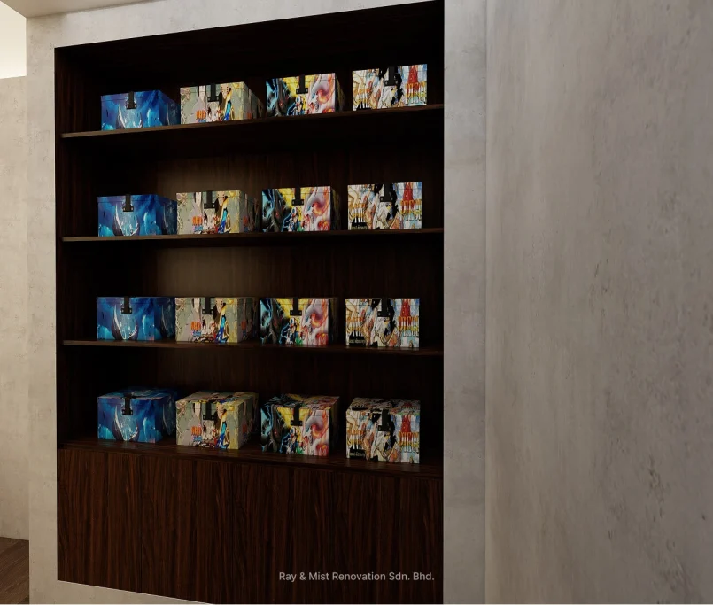 Dark wood wall shelf displaying manga boxes against a textured grey wall —Project by Ray & Mist Renovation Sdn. Bhd.