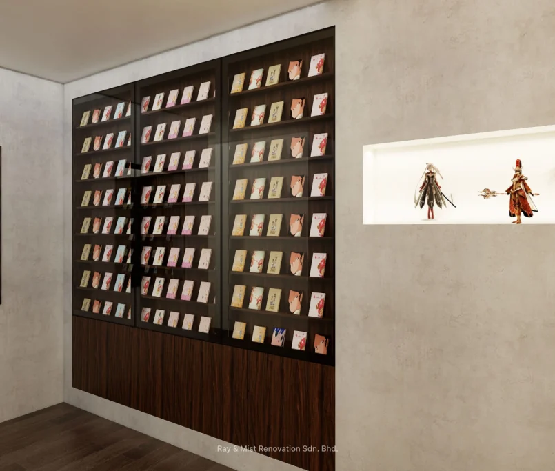 Display wall with manga-style books and illuminated figurine niche — Project by Ray & Mist Renovation Sdn. Bhd.