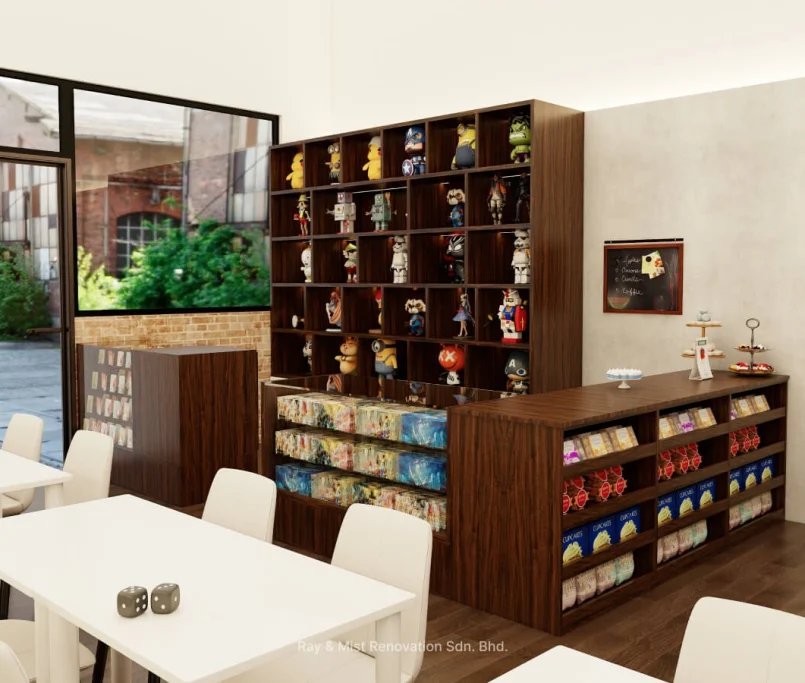 Cafe display shelves with figurines, snacks, and collectibles — Project by Ray & Mist Renovation Sdn. Bhd.