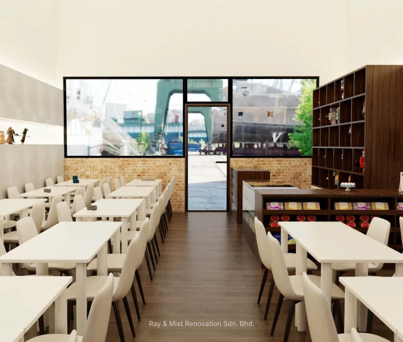 Modern cafe with white dining tables, display shelves, and large window facing a shipyard — Project by Ray & Mist Renovation Sdn. Bhd.