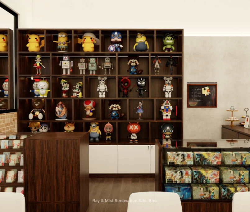 Toy display wall with collectible figurines and anime merchandise inside a themed café — Project by Ray & Mist Renovation Sdn. Bhd.