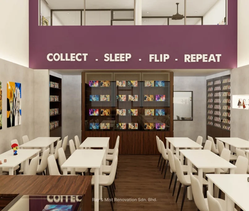 Anime-themed café interior with collectible displays, white seating, and “Collect . Sleep . Flip . Repeat” signage — Project by Ray & Mist Renovation Sdn. Bhd.