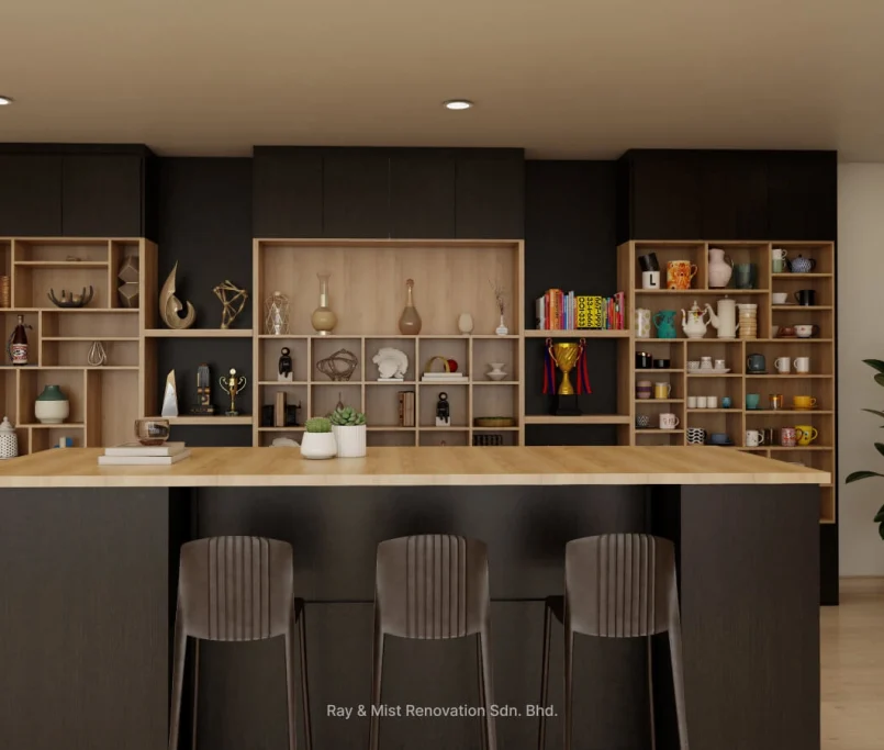 Front view of a black-and-wood island counter with curated open shelving behind —Project by Ray & Mist Renovation Sdn. Bhd.