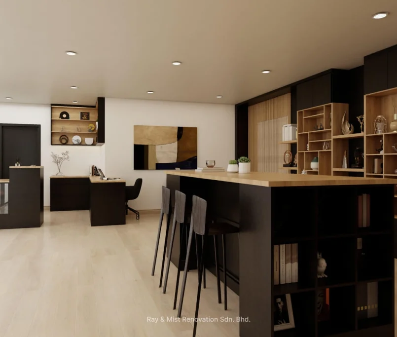 Full view of a modern office with reception, working desks, and a display wall —Project by Ray & Mist Renovation Sdn. Bhd.