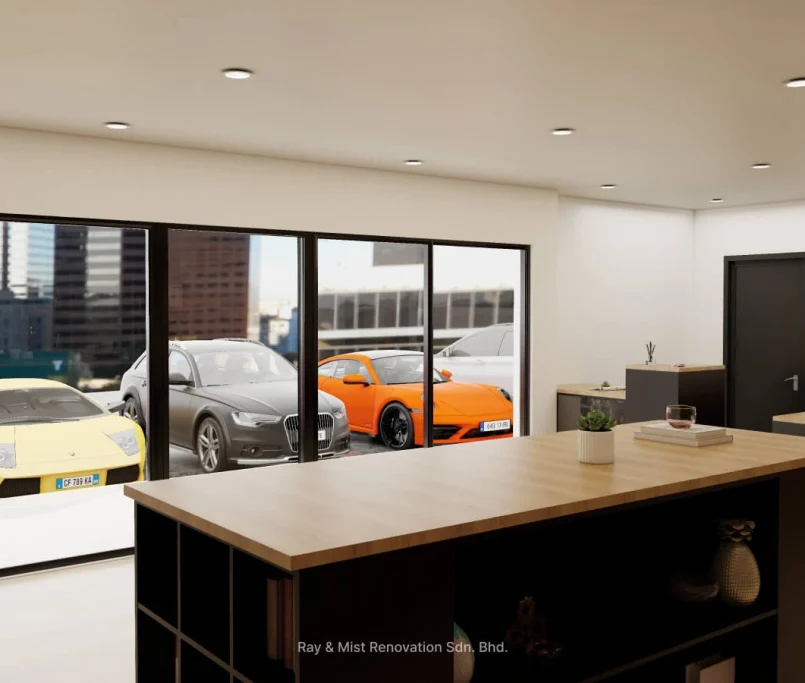 Modern office interior with a city view and parked luxury cars outside —Project by Ray & Mist Renovation Sdn. Bhd.