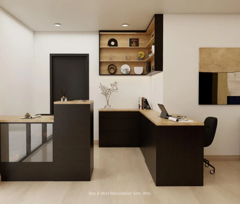 Modern office reception with black and wood-finished counters and wall-mounted shelves —Project by Ray & Mist Renovation Sdn. Bhd.