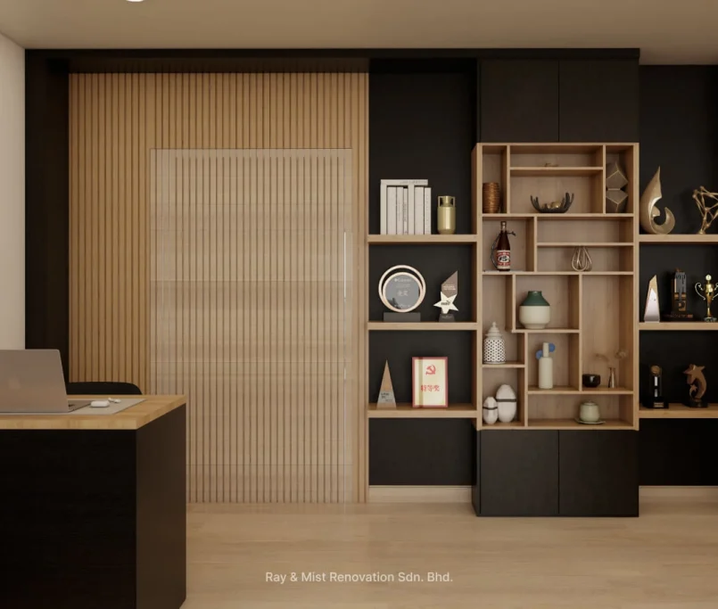 Organised wardrobe wall with open shelving, clothing rails, and display cubbies —Project by Ray & Mist Renovation Sdn. Bhd.